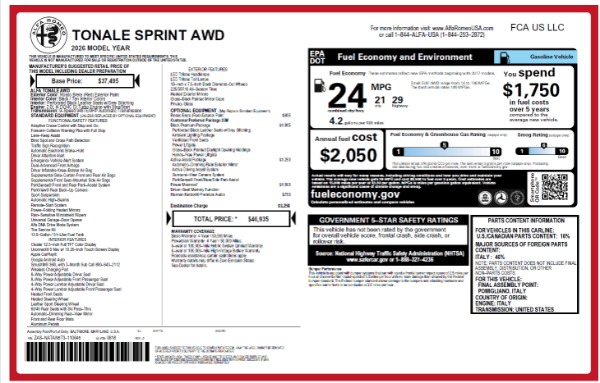 New 2026 Alfa Romeo Tonale Sprint for sale $46,935 at Maserati of Greenwich in Greenwich CT 06830 23