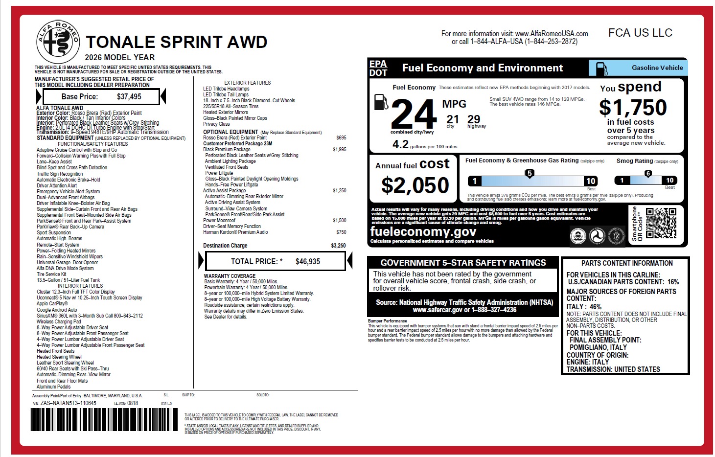 New 2026 Alfa Romeo Tonale Sprint for sale $46,935 at Maserati of Greenwich in Greenwich CT 06830 1