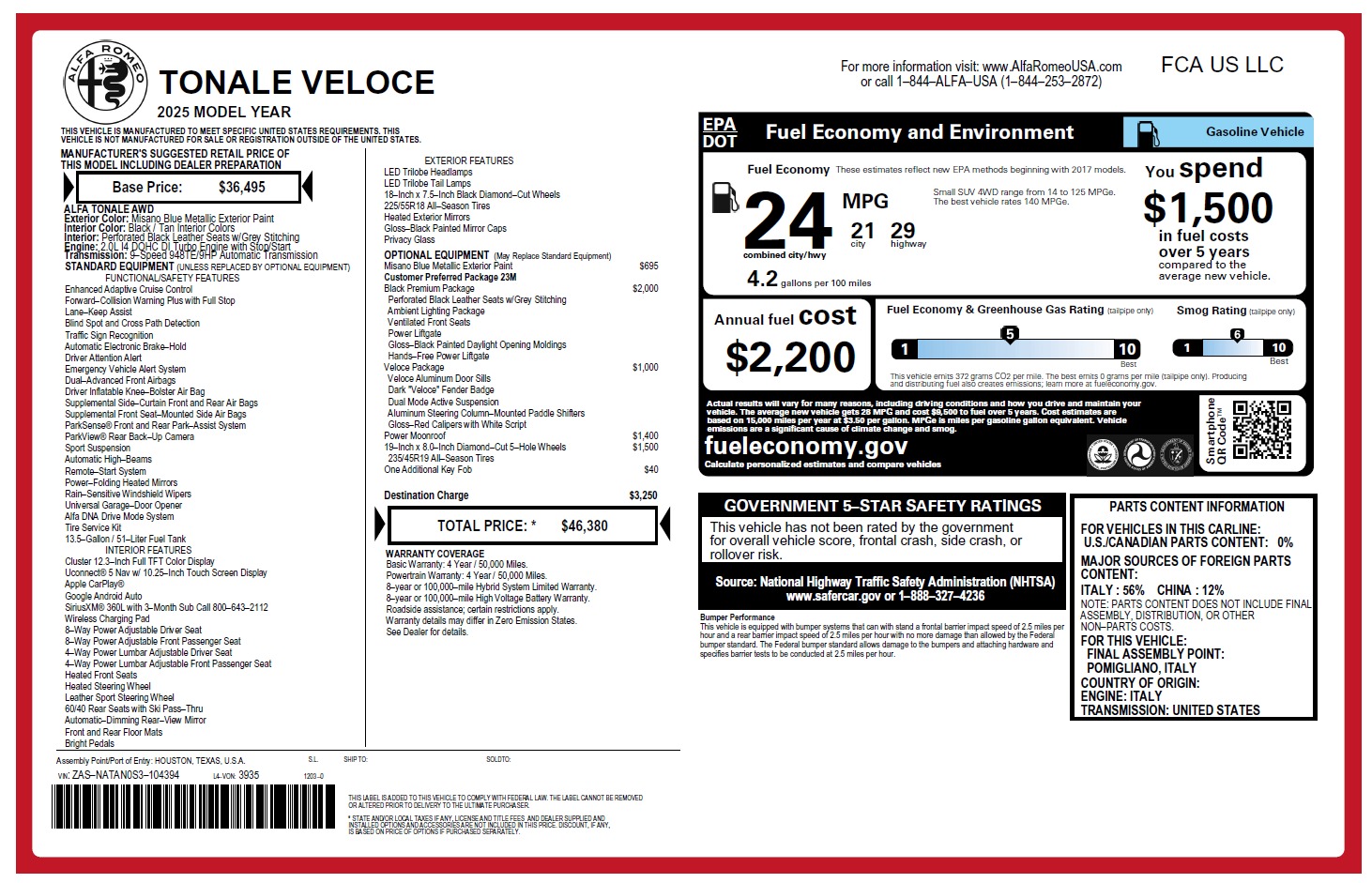 New 2025 Alfa Romeo Tonale for sale $46,380 at Maserati of Greenwich in Greenwich CT 06830 1