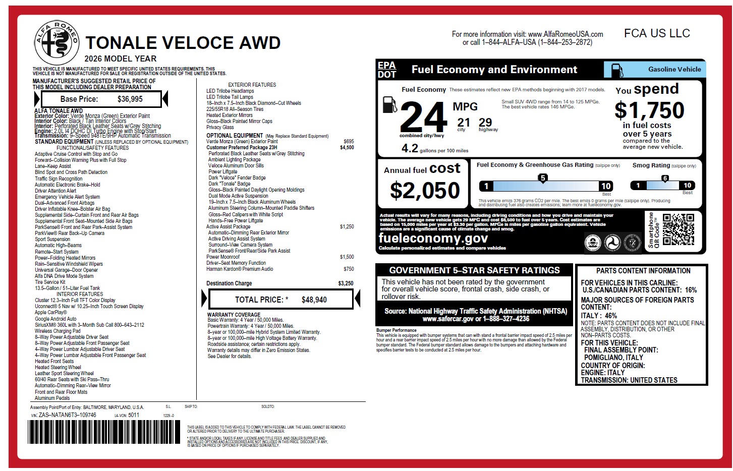 New 2026 Alfa Romeo Tonale Veloce for sale $48,940 at Maserati of Greenwich in Greenwich CT 06830 1