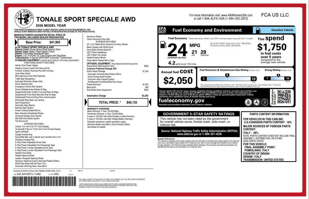 New 2026 Alfa Romeo Tonale Sport Speciale for sale $49,135 at Maserati of Greenwich in Greenwich CT 06830 1
