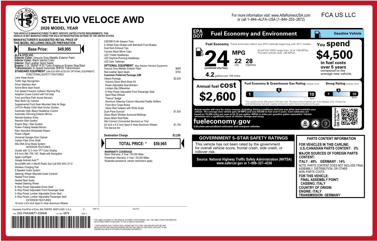 New 2026 Alfa Romeo Stelvio Veloce for sale $59,965 at Maserati of Greenwich in Greenwich CT 06830 1