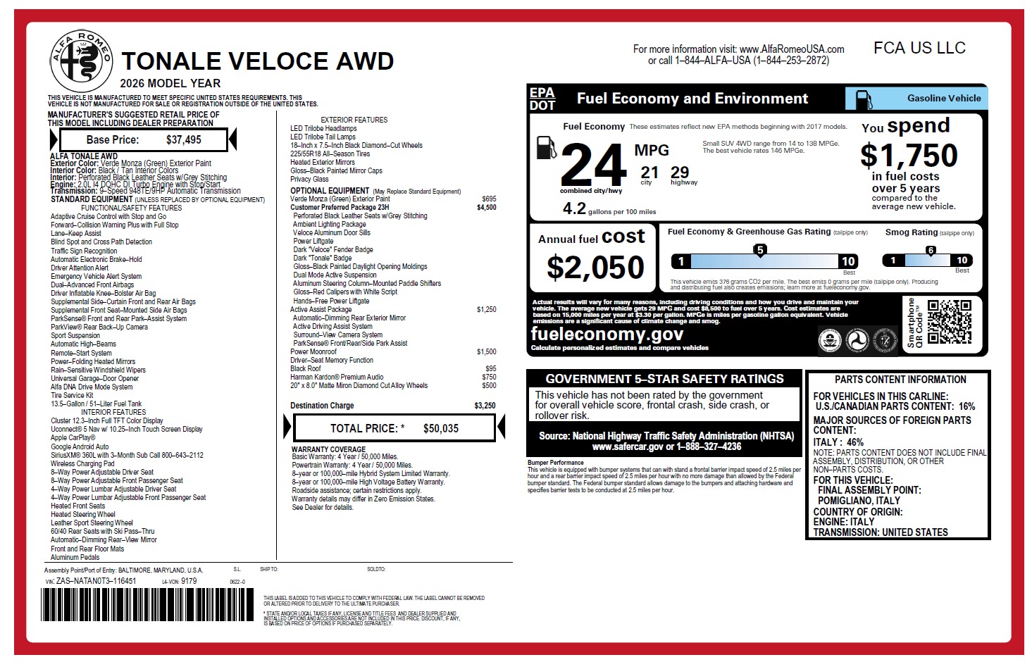 New 2026 Alfa Romeo Tonale Veloce for sale $50,035 at Maserati of Greenwich in Greenwich CT 06830 1