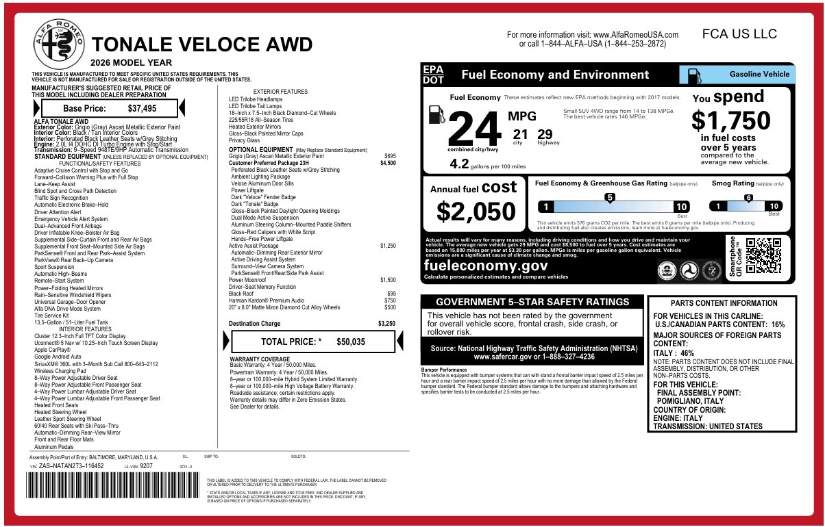 New 2026 Alfa Romeo Tonale Veloce for sale $50,035 at Maserati of Greenwich in Greenwich CT 06830 1