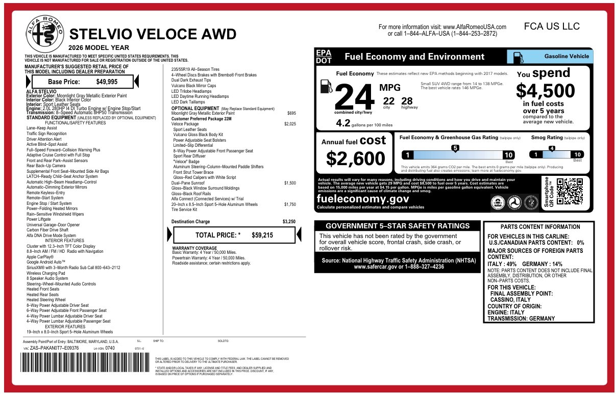 New 2026 Alfa Romeo Stelvio Veloce for sale $59,215 at Maserati of Greenwich in Greenwich CT 06830 1