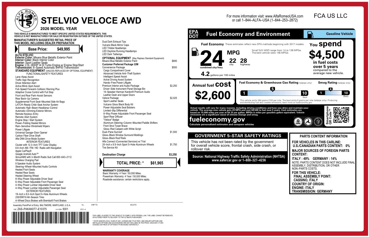 New 2026 Alfa Romeo Stelvio Veloce for sale $61,965 at Maserati of Greenwich in Greenwich CT 06830 1