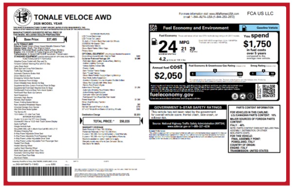 New 2026 Alfa Romeo Tonale Veloce for sale $50,035 at Maserati of Greenwich in Greenwich CT 06830 25