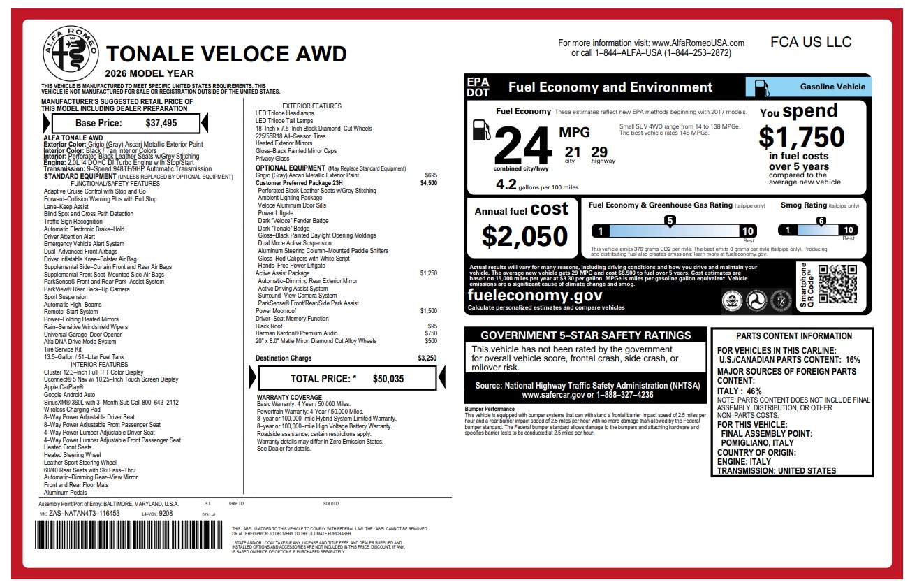 New 2026 Alfa Romeo Tonale Veloce for sale $50,035 at Maserati of Greenwich in Greenwich CT 06830 1