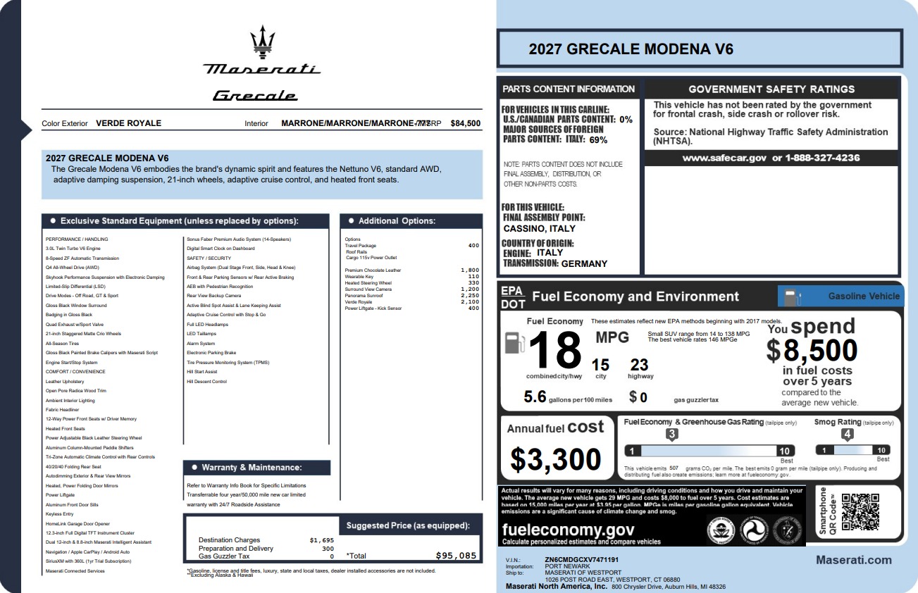 New 2027 Maserati Grecale Modena V6 for sale $95,085 at Maserati of Greenwich in Greenwich CT 06830 1