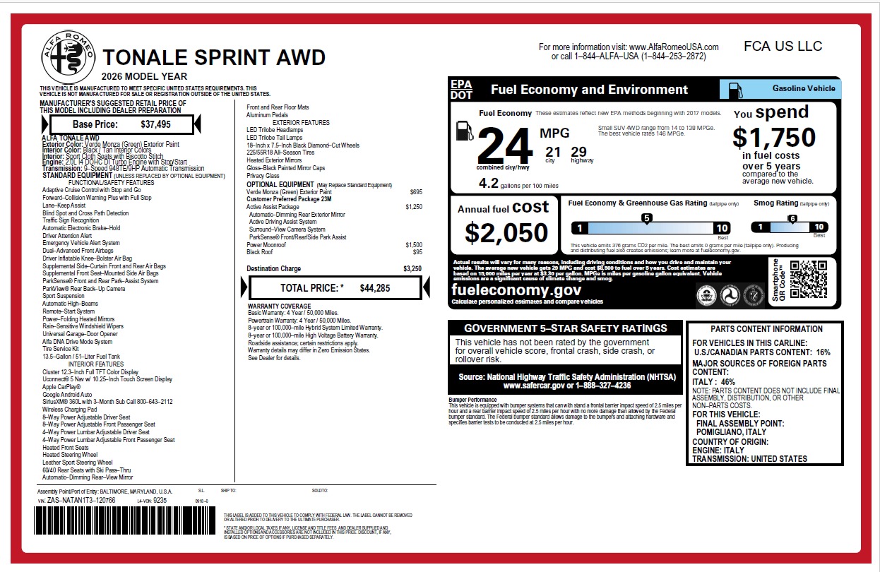 New 2026 Alfa Romeo Tonale Sprint for sale $44,285 at Maserati of Greenwich in Greenwich CT 06830 1