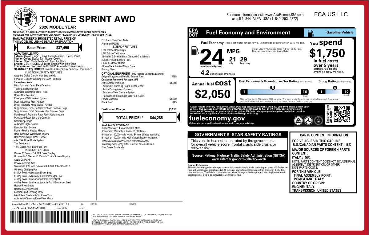 New 2026 Alfa Romeo Tonale Sprint for sale $44,285 at Maserati of Greenwich in Greenwich CT 06830 1