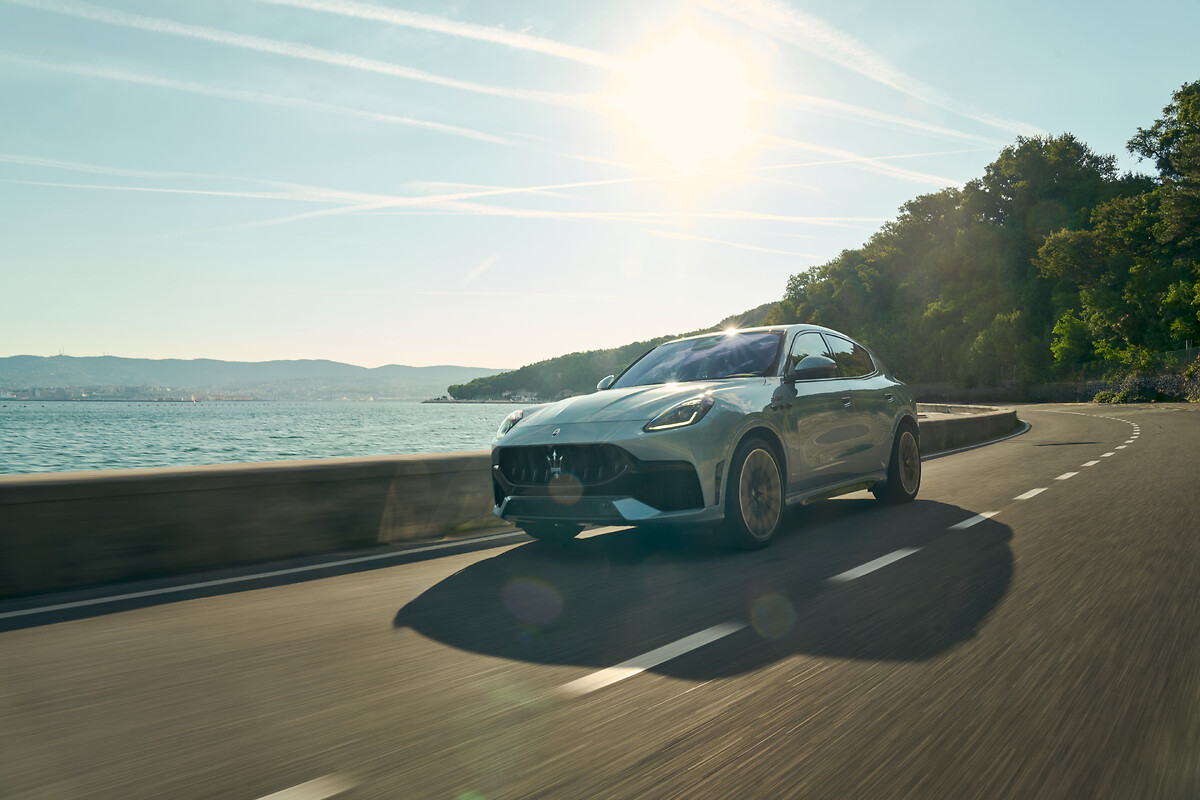 The new 2027 Maserati Grecale at speed on a coastal road